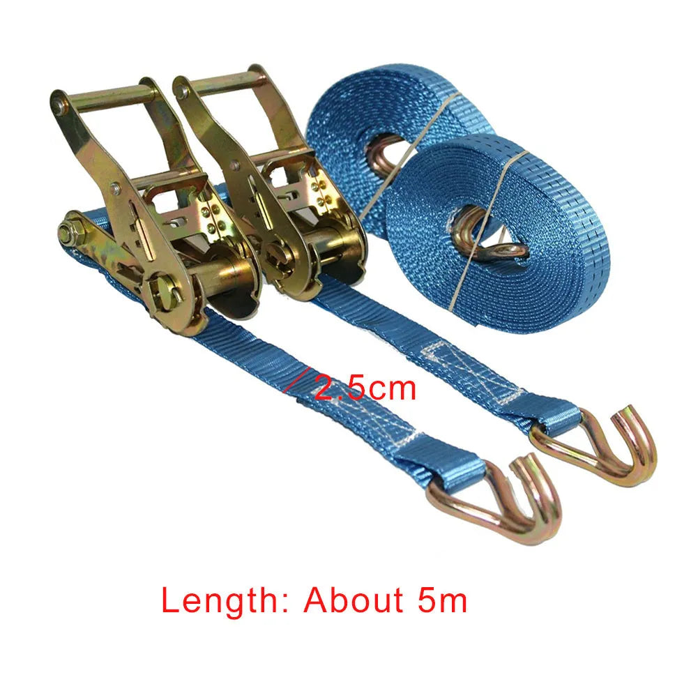 Double hook ratchet tensioner strap with steel mechanism and polyester webbing for cargo securing