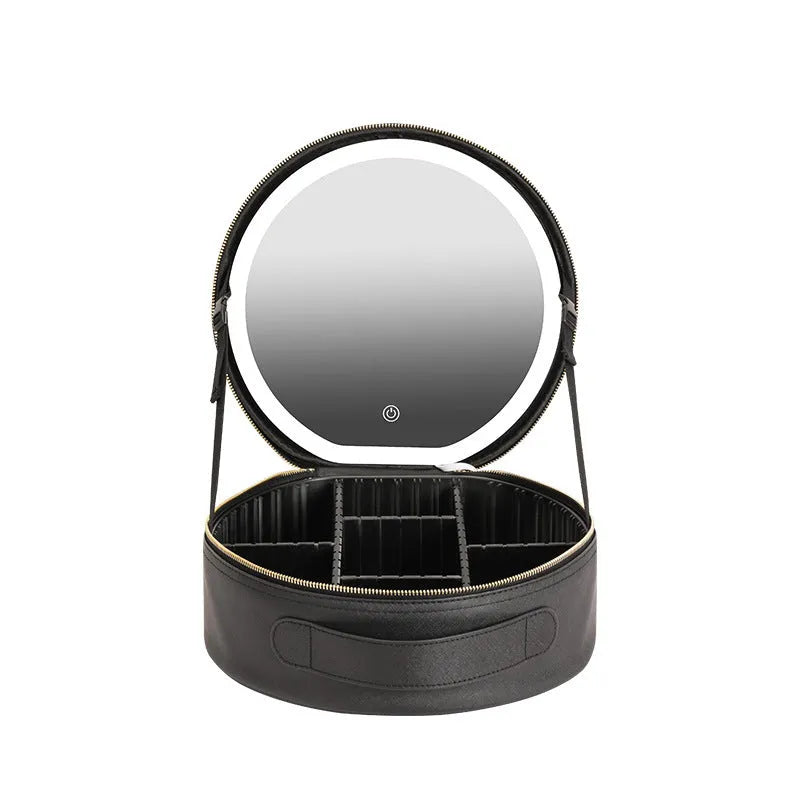 Round pink PU leather makeup bag with LED mirror open, showing internal partitions and carry strap.