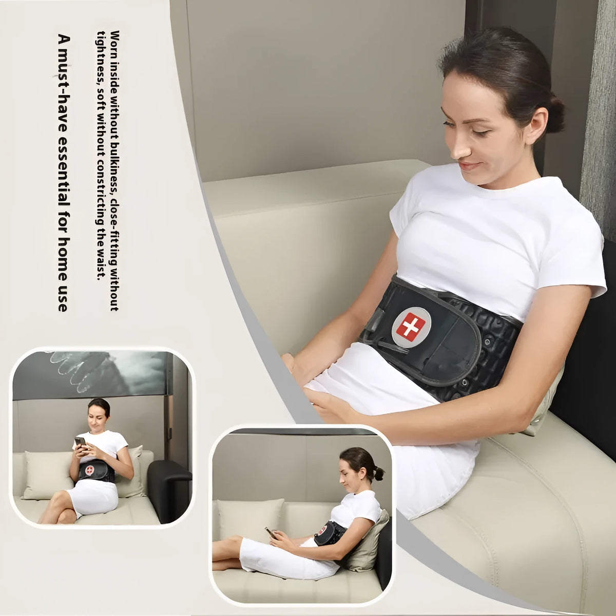 Unisex inflatable waist support traction belt in apricot or blue with PU leather, cotton fabric, PU inner layer, and Velcro