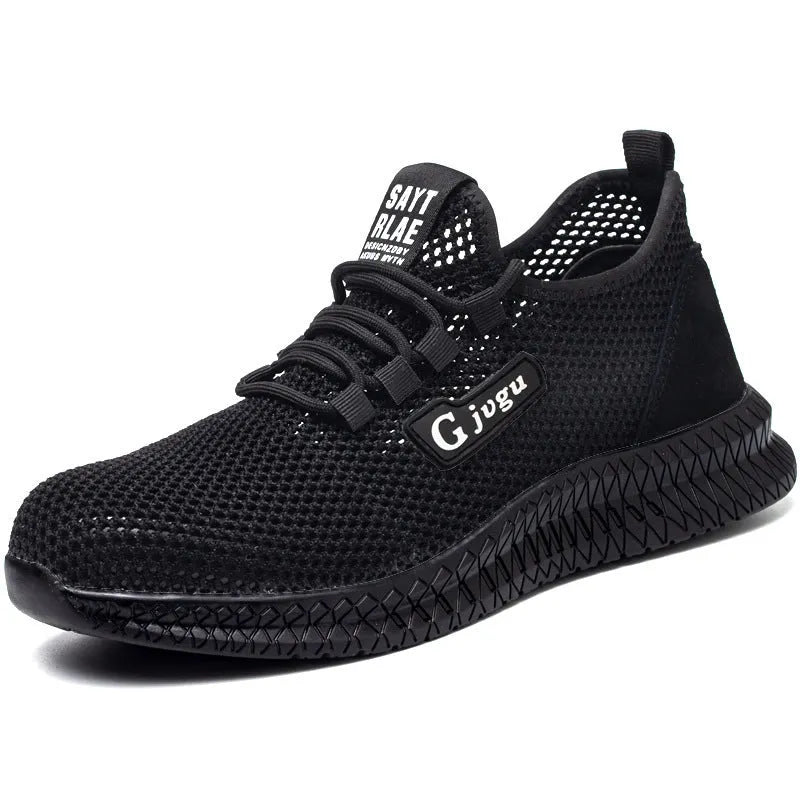Men's black Flyknit low-top work shoes with steel toe cap on grey background