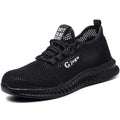 Men's black Flyknit low-top work shoes with steel toe cap on grey background