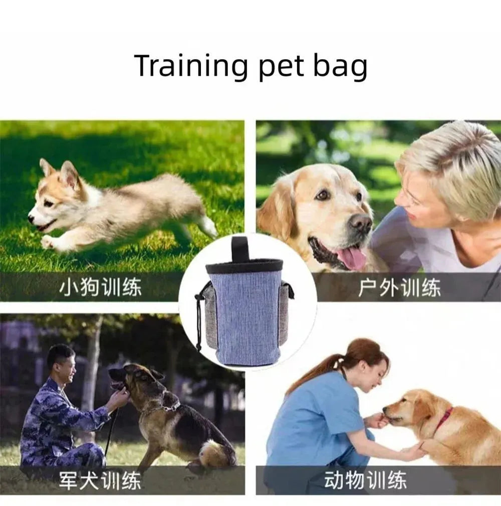 Portable pet outdoor training waist bag in blue, showing clip and elastic opening.