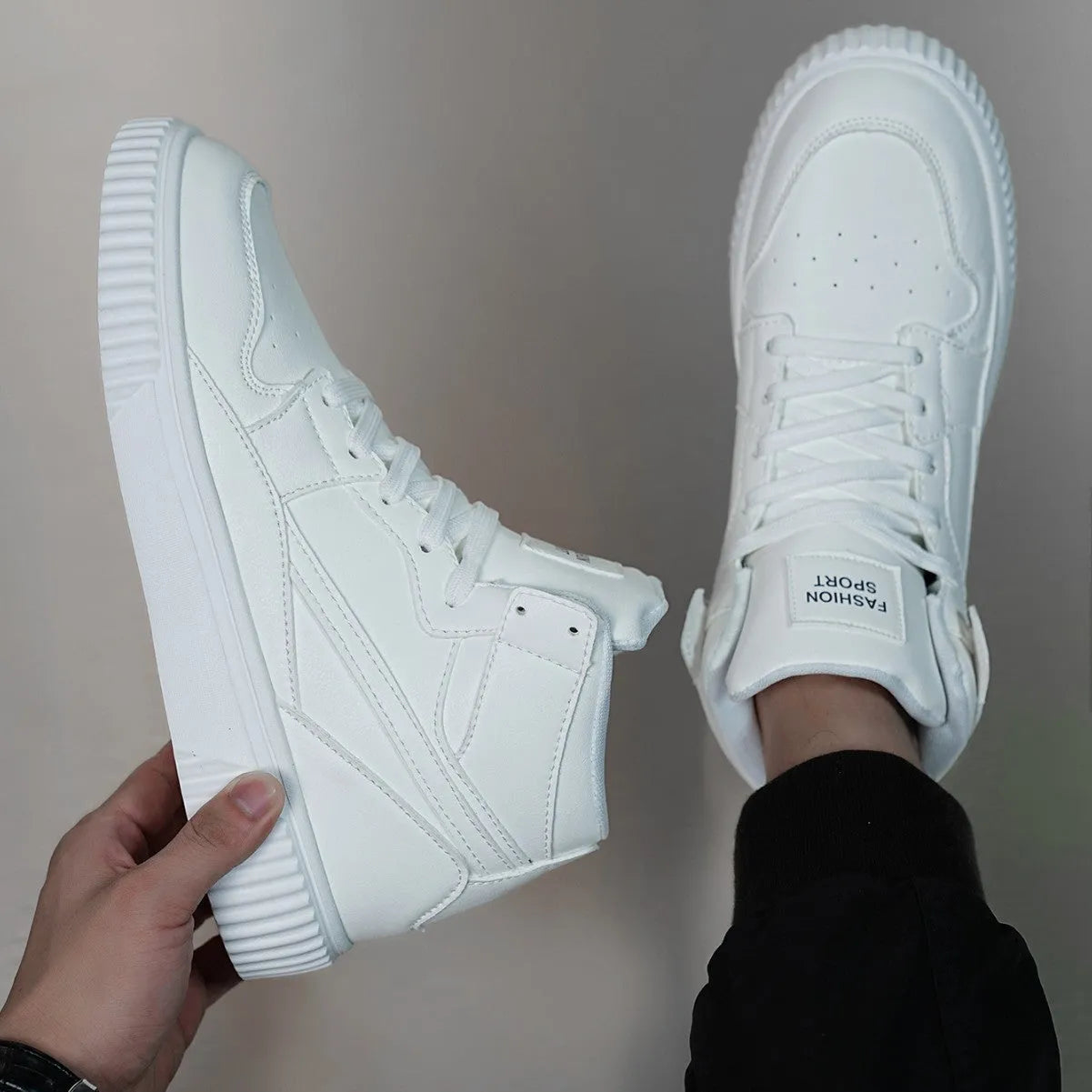Men's white round toe casual microfiber shoes for autumn and winter leisure wear.