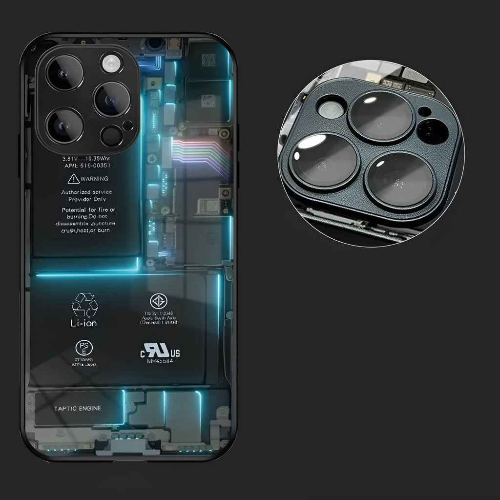 Black glass circuit board phone case with lens protector for iPhone models