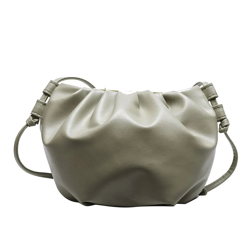 Soft PU Korean-style cloud crossbody bag with dumpling shape, pleated detail, phone pocket, and six colour options
