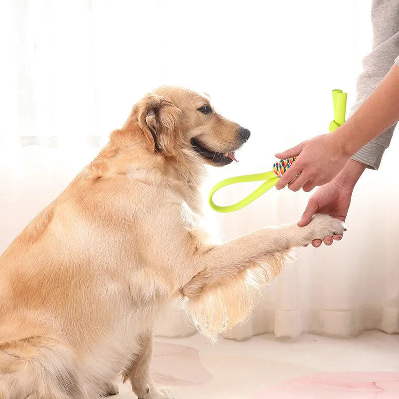 TPR dog chew toy in orange, blue, and green colours for bite-resistant teeth cleaning