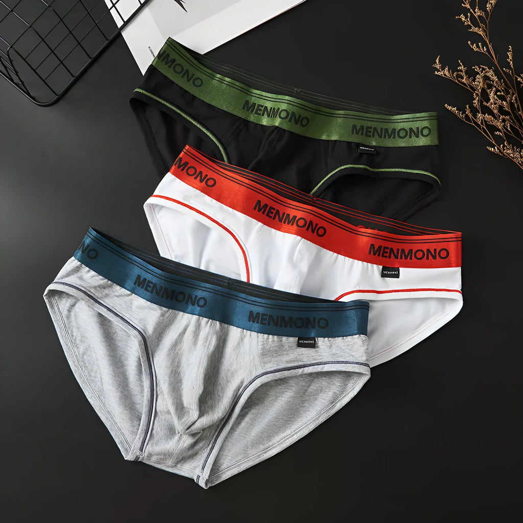 Men's solid colour cotton low waist briefs displayed in a two-tone colour option.