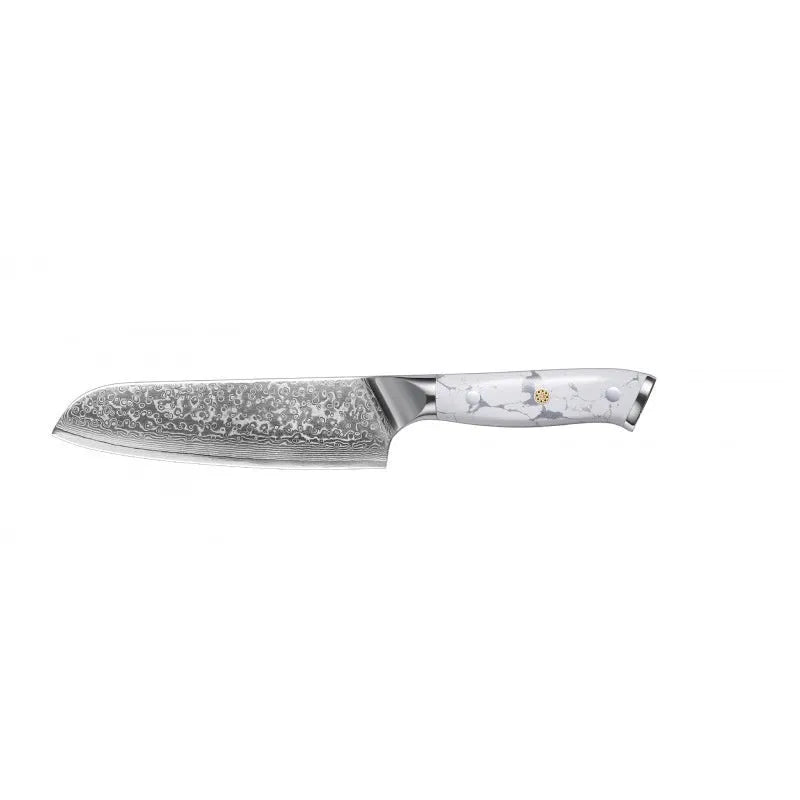 Damascus pattern chef's knife with 32cm total length on kitchen counter