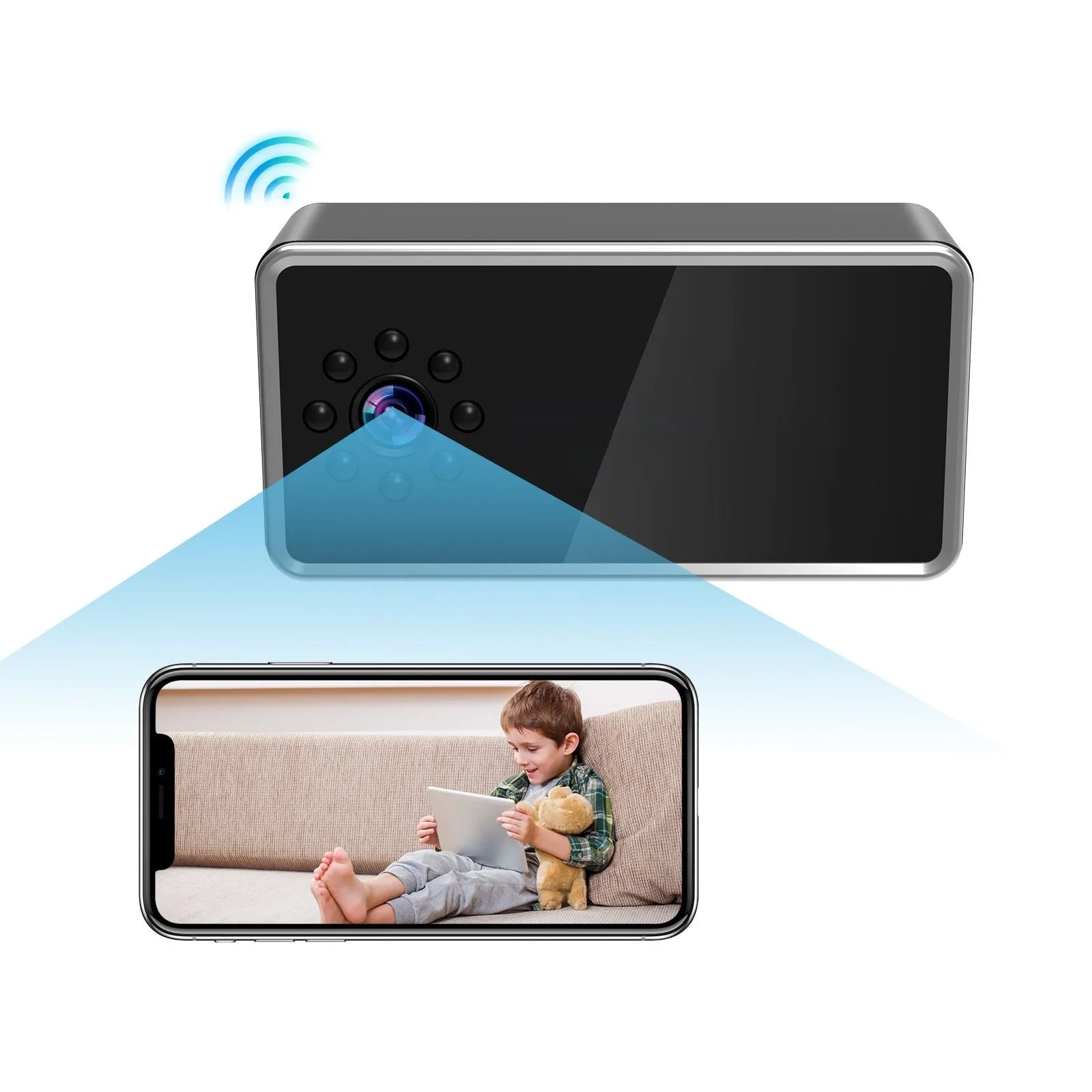 Wireless network surveillance camera showing front view with lens and compact rectangular housing
