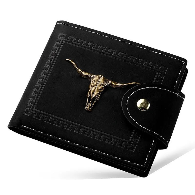 Black men's wallet with animal pattern, multiple card slots and zipper closure