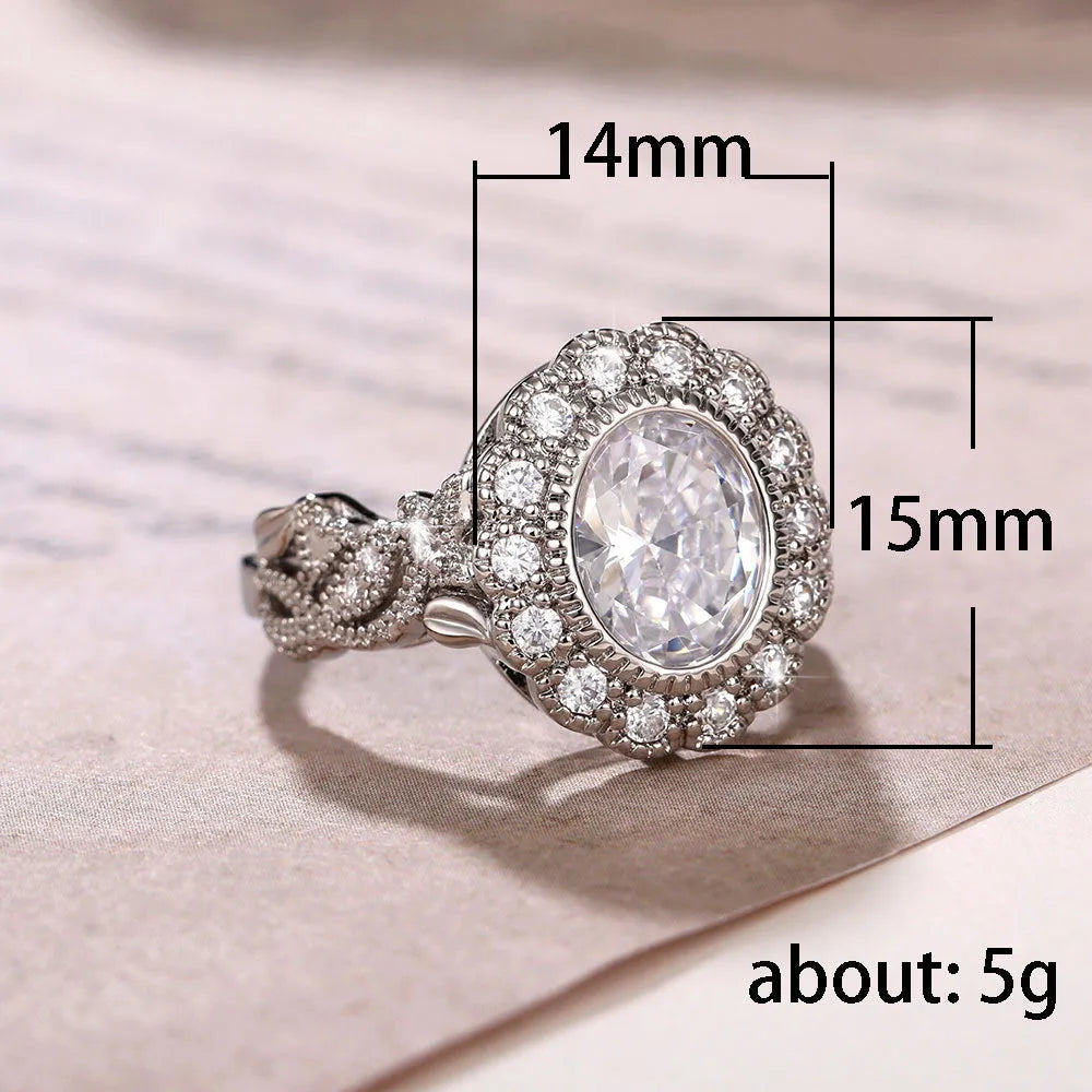 Women's white gold colour round zircon ring with geometric shape and diamond copper plating