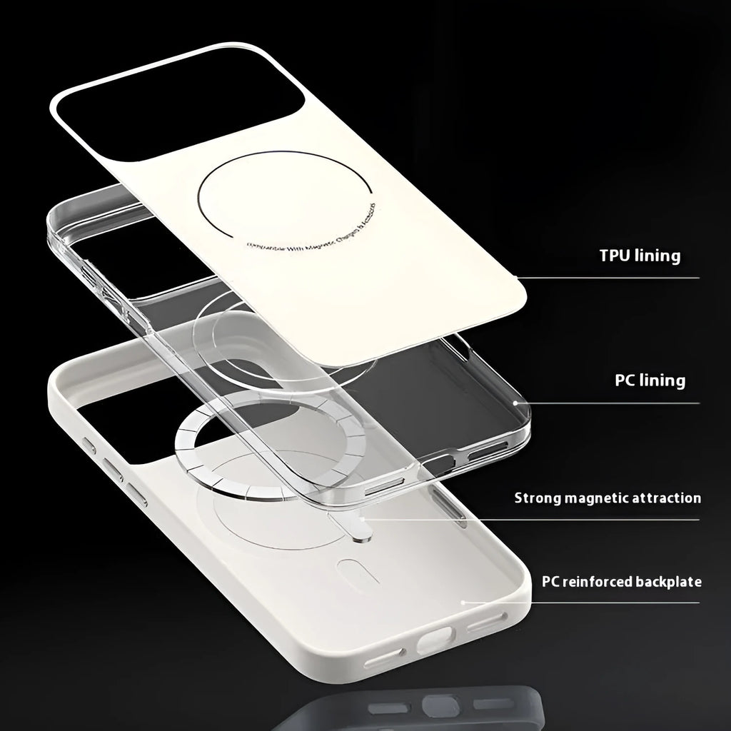 Frosted magnetic protective case for iPhone 17 series in black, showing raised camera lip and simple design.