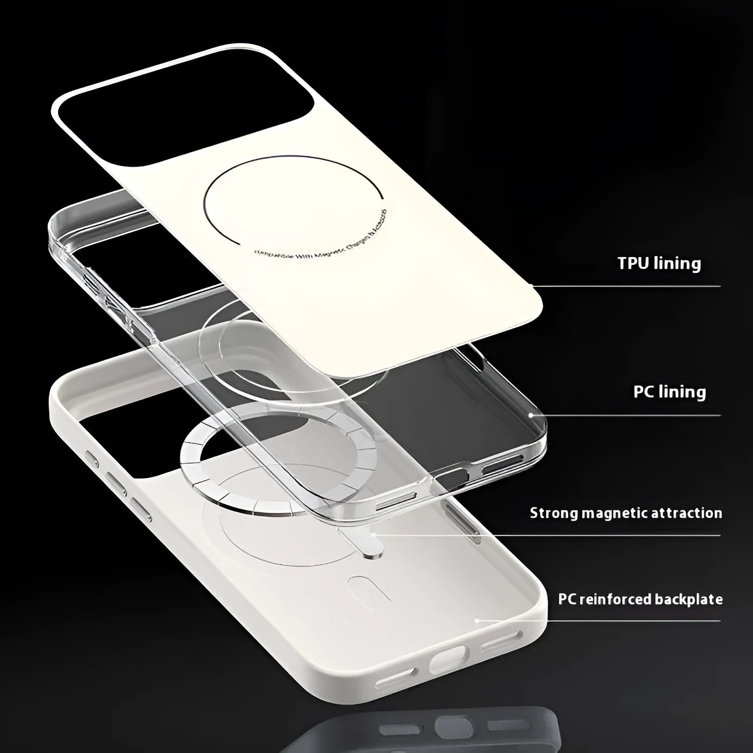 Frosted magnetic protective case for iPhone 17 series in black, showing raised camera lip and simple design.