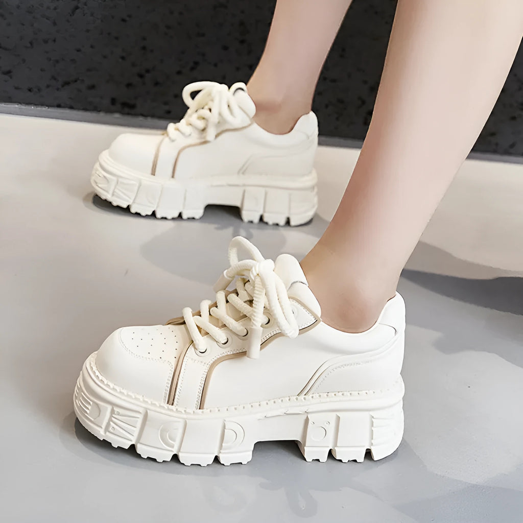 Women's beige leather muffin bottom platform shoes with rubber foam soles