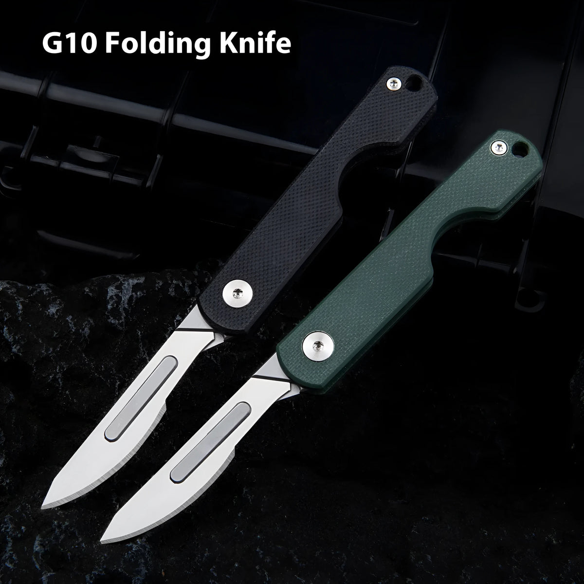 Mini express folding knife keychain with G10 handle, shown in black or green, compact outdoor EDC tool