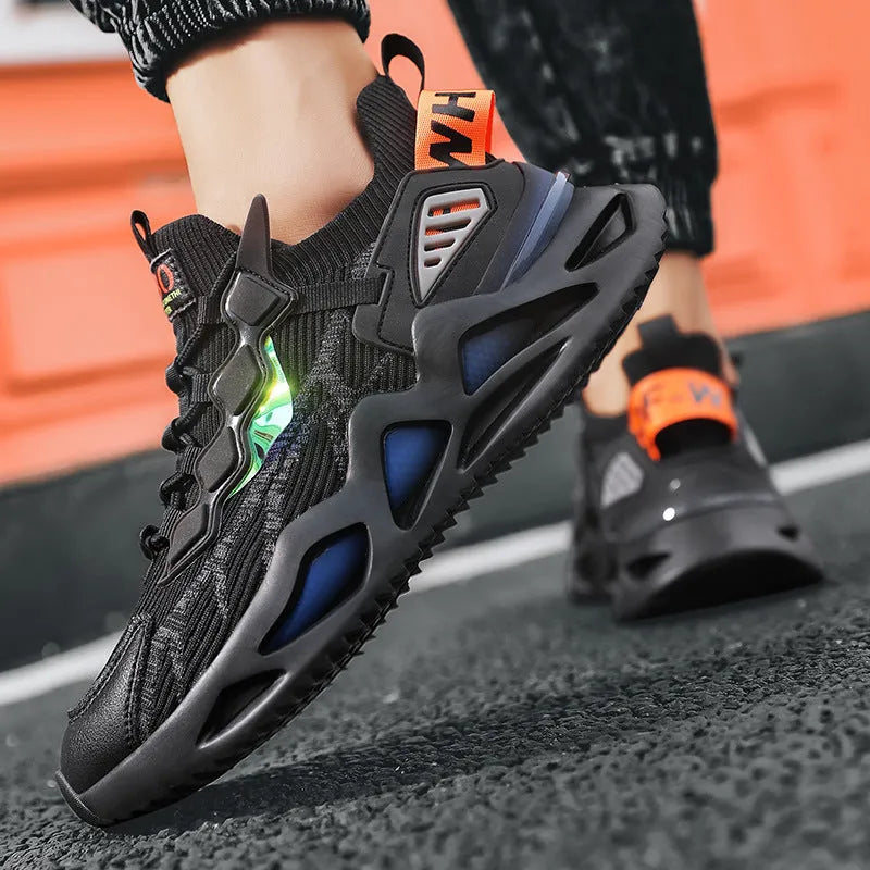 Men's mesh breathable casual sneakers with front tie, low heel, anti-skid plastic sole, colour blocking