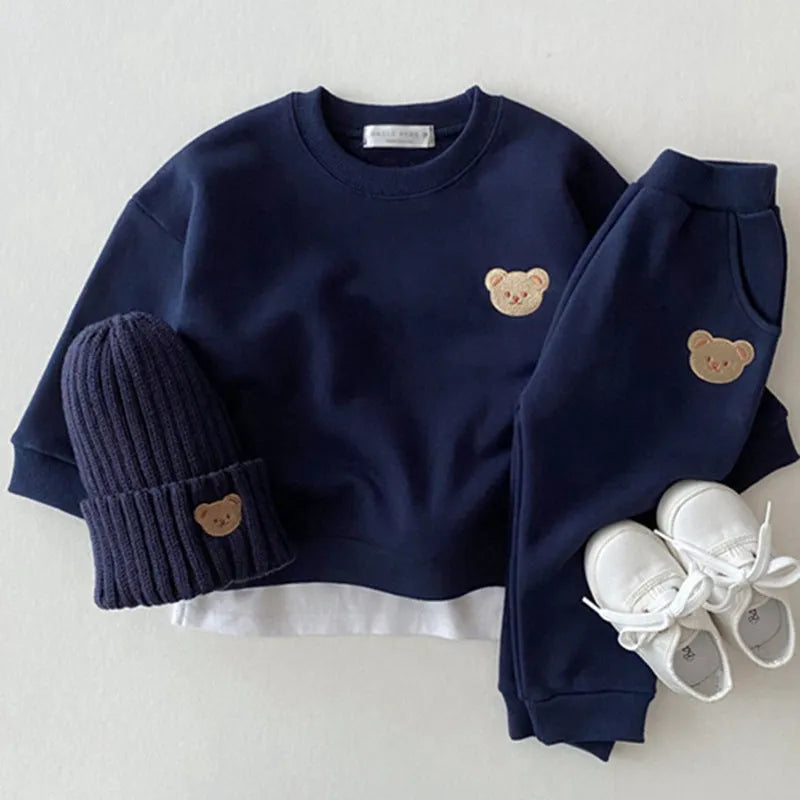 Children's cotton bear round neck sweater and trousers two piece set in yellow, dark blue, brown, pink, light gray