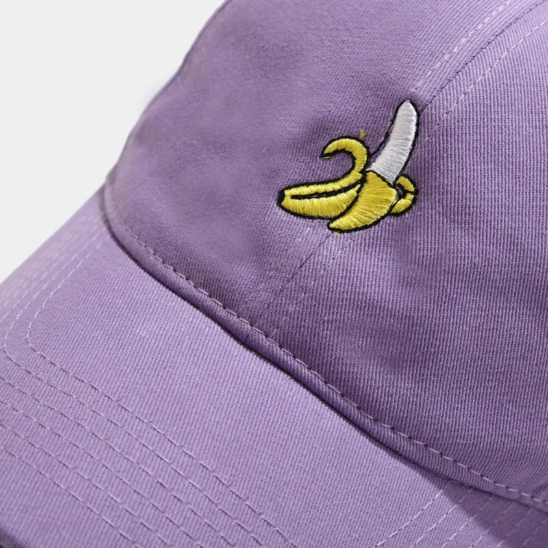 Adjustable baseball cap with banana embroidery in seven colour options