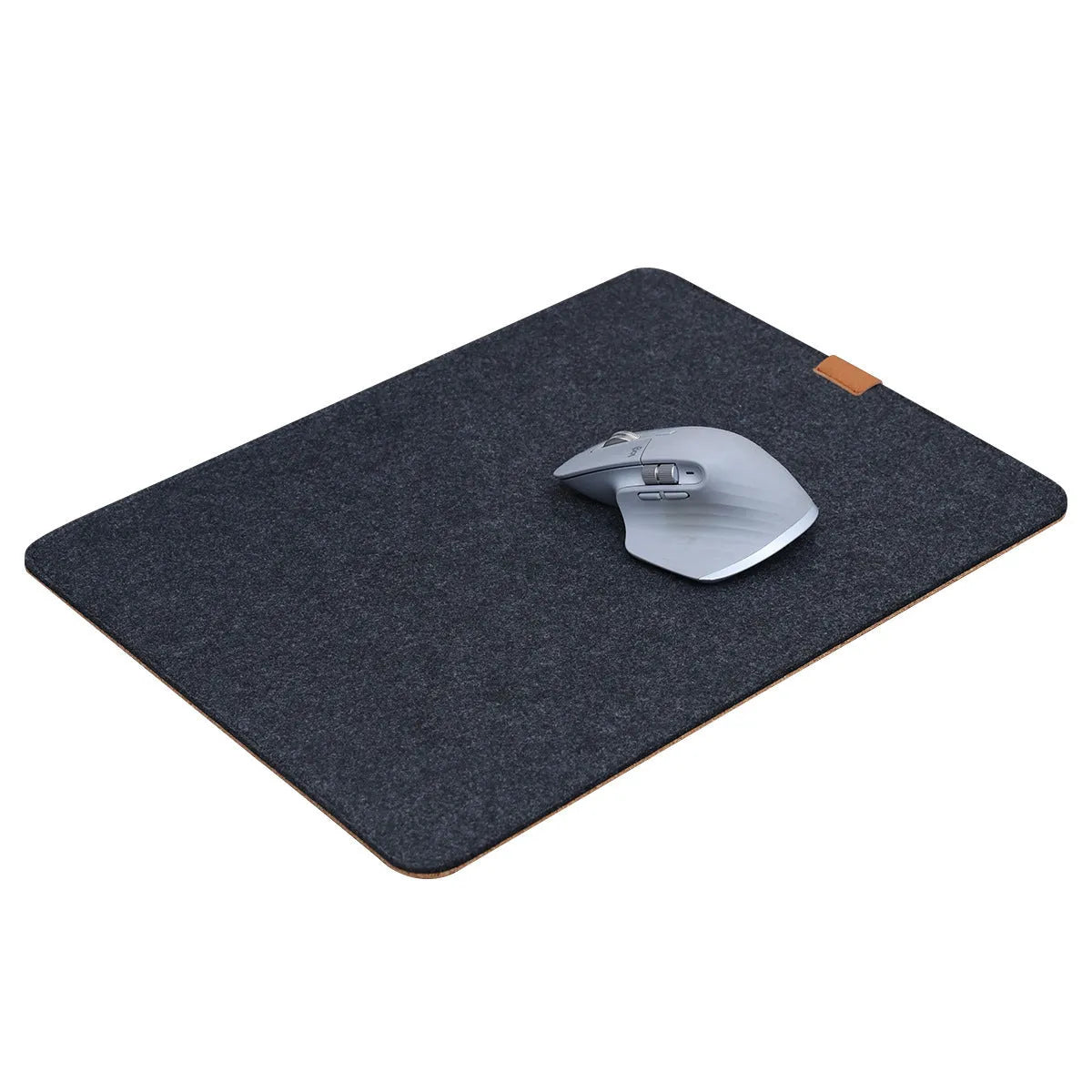 Winter office desk mat in grey felt cork material showing non-slip texture and oversized format