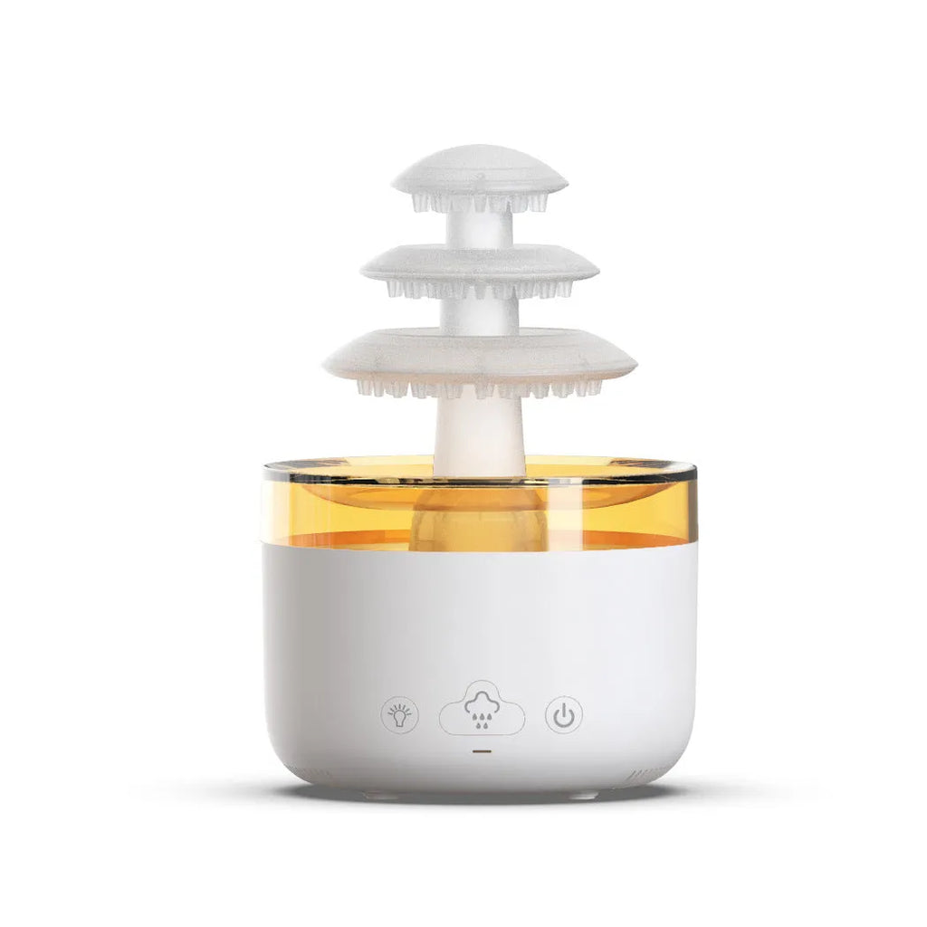White plastic cloud rain effect USB air humidifier and essential oil diffuser with coloured lights.