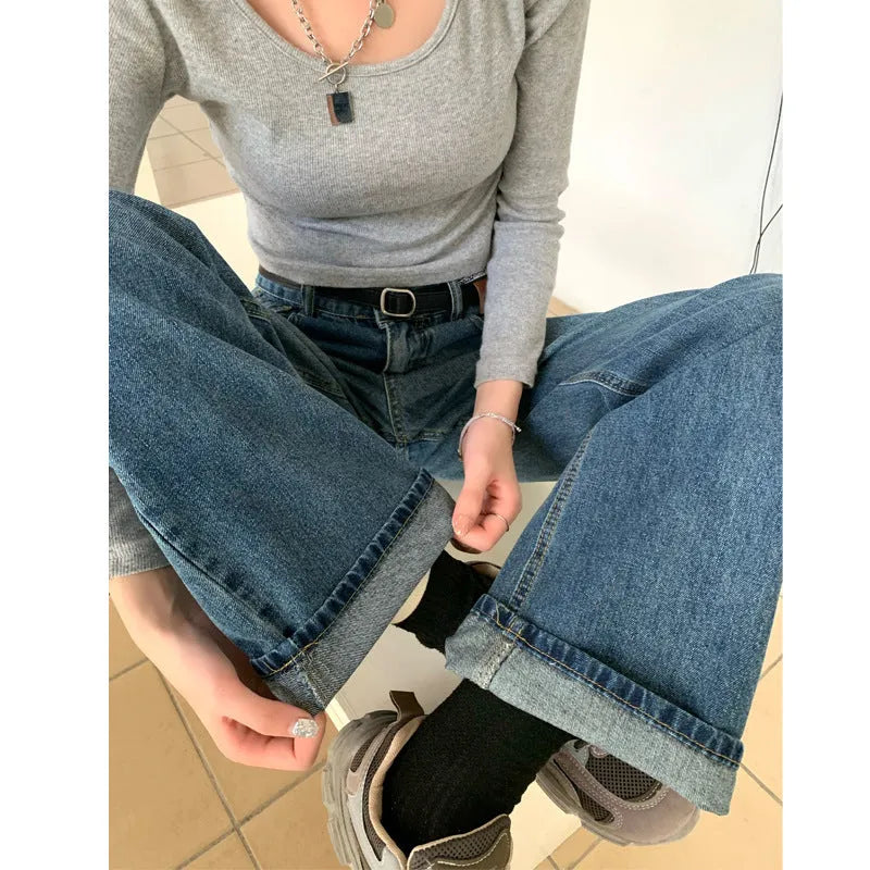 Women's Retro Blue high-waist straight-leg cotton denim jeans on a hanger.