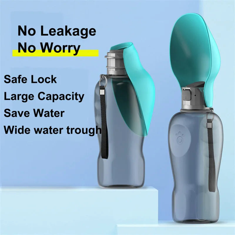 Blue grey portable dog water bottle with foldable drinking bowl showing 800ml capacity markings