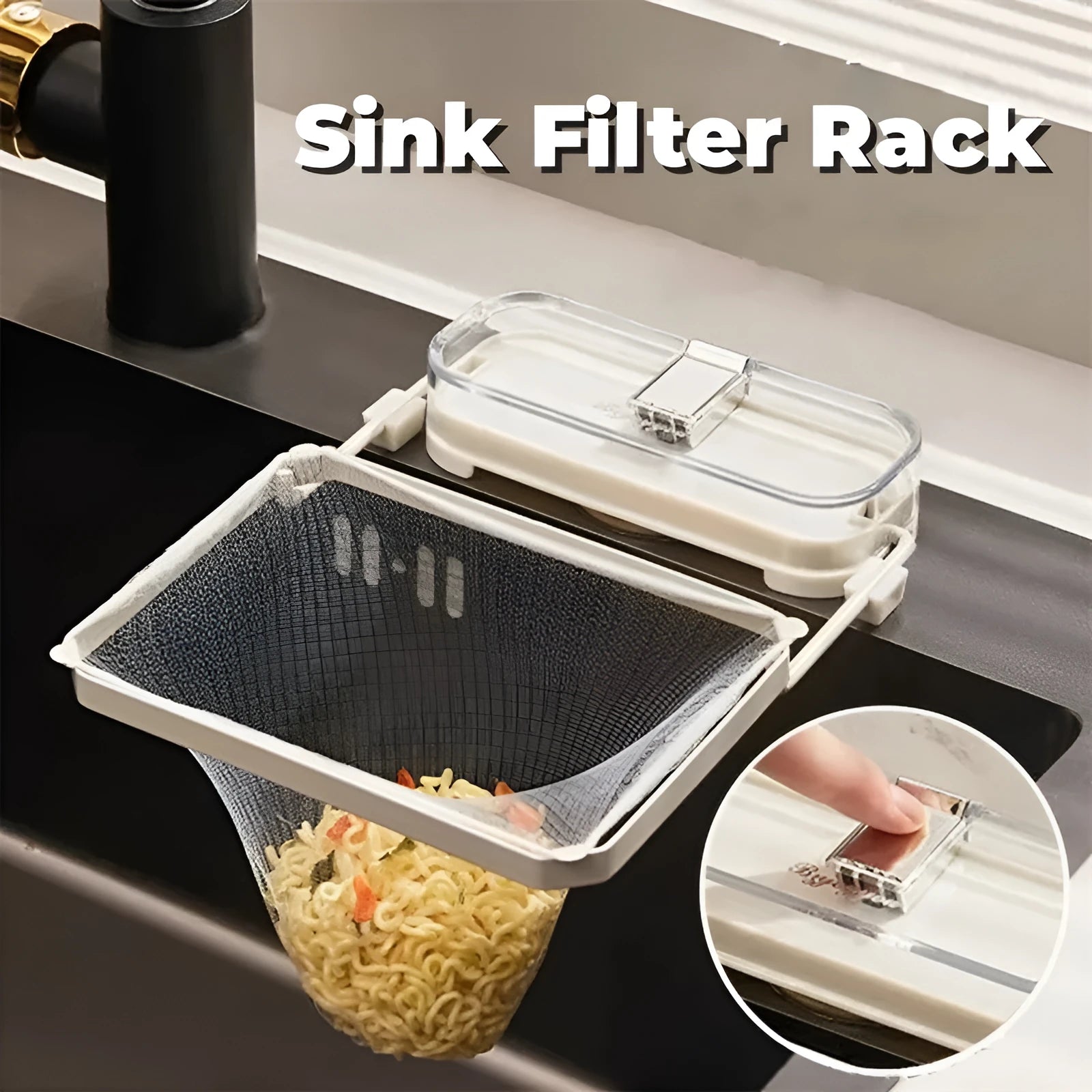 Dark green gold kitchen sink filter rack with suction cups and disposable screens for food scrap collection