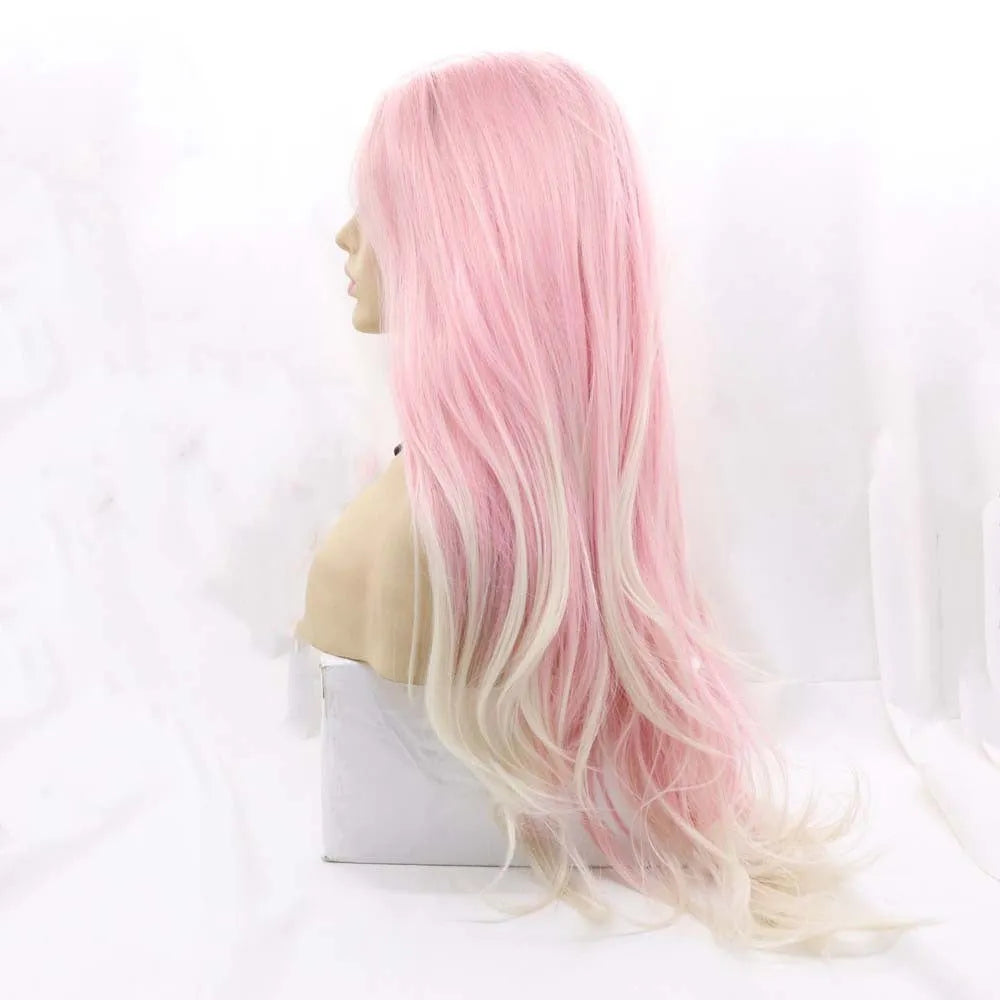 Pink gradient big wave fluffy synthetic fashion wig for ladies on a stand.