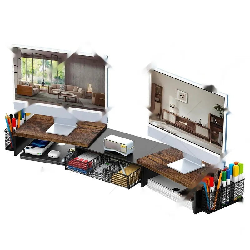 Dual-station desktop monitor rack in wood finish on a desk with laptops