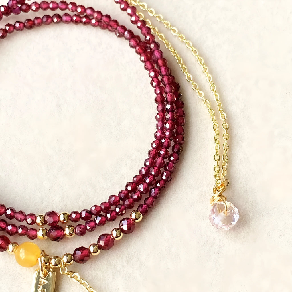 Garnet wine red three circle bracelet necklace with beeswax cut surface detailing