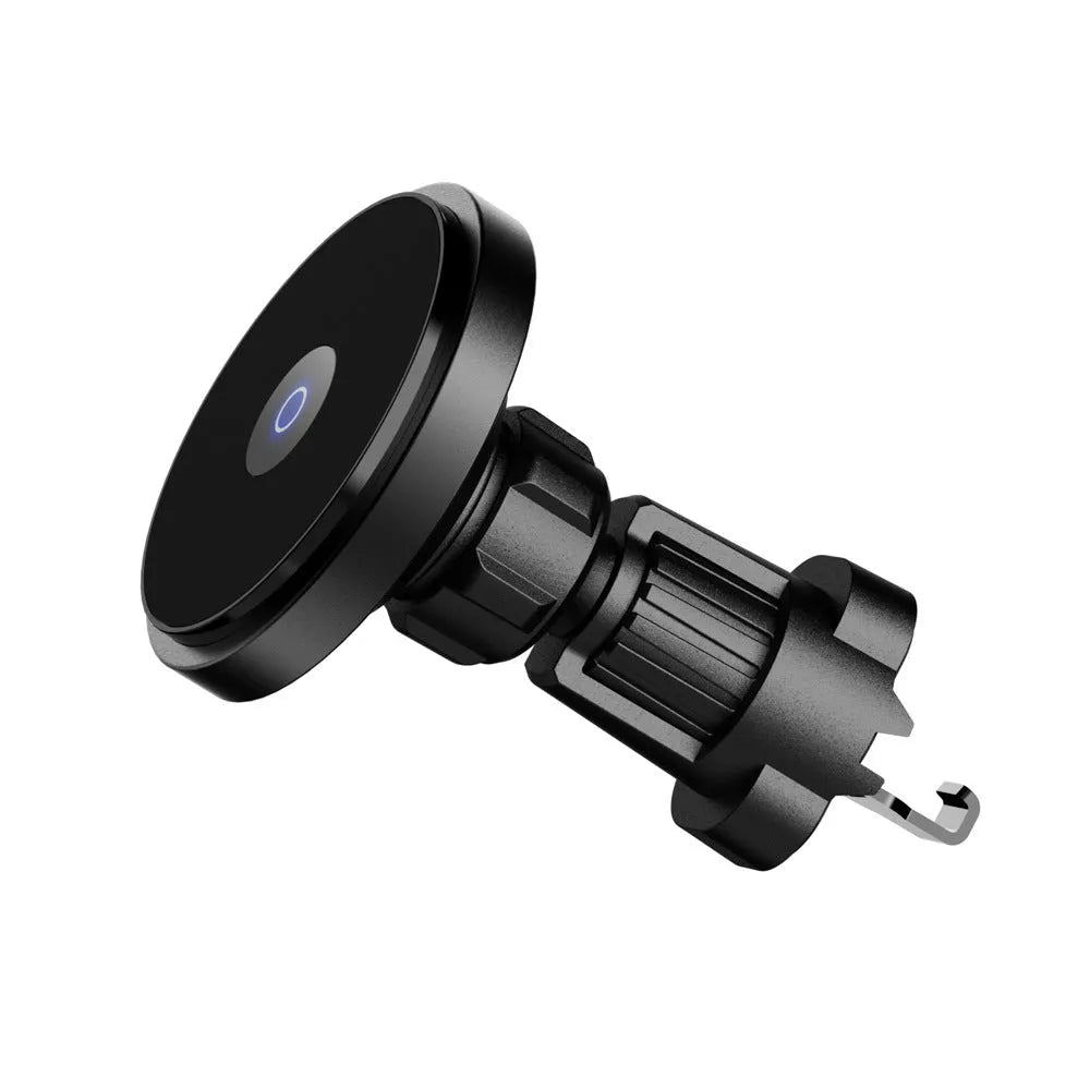 Circular metal 15W magnetic wireless car charger mounted on a car air vent, showing black, blue, and silver colour options.