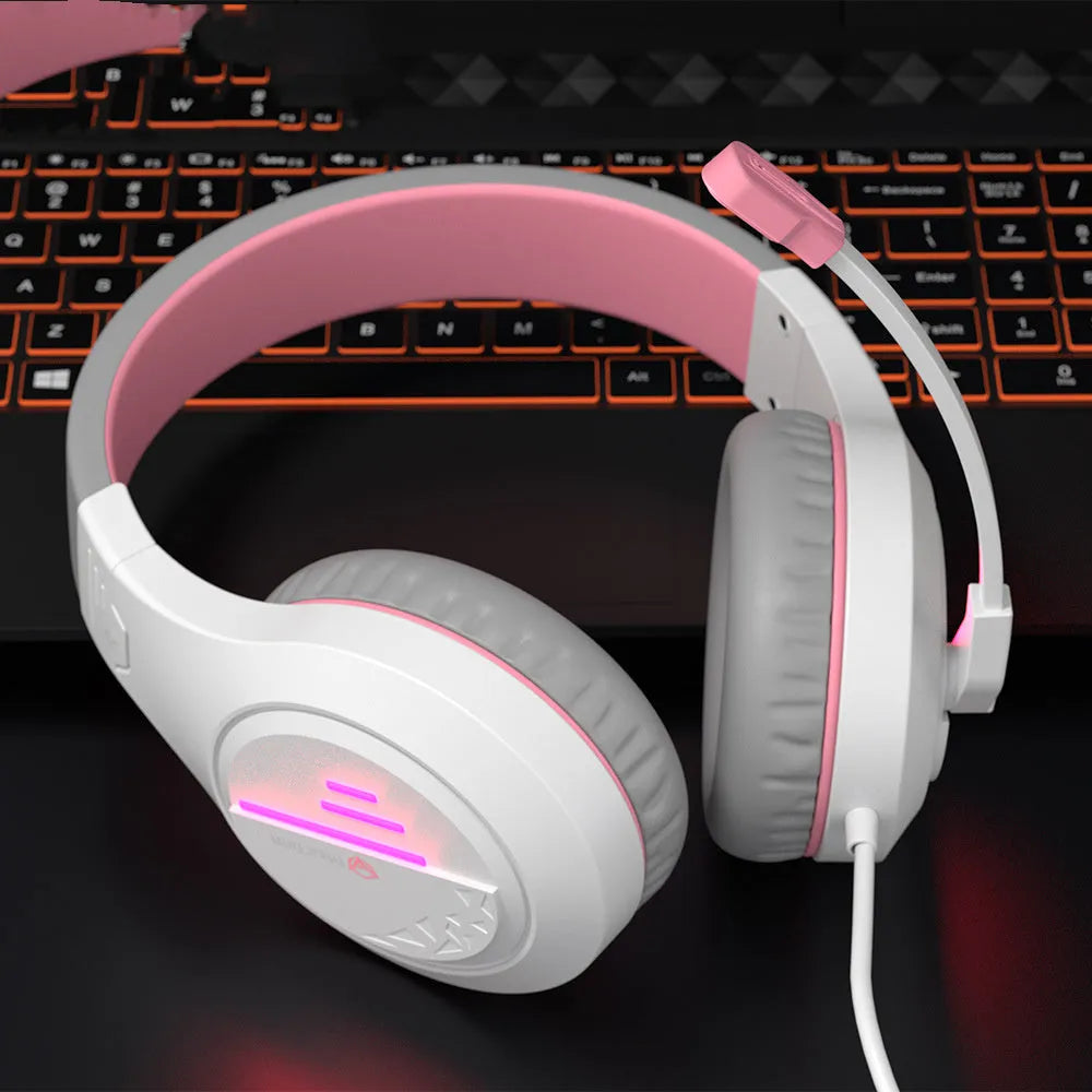 Wired gaming headset with adjustable headband and 50mm speakers in black orange, white orange, or white powder colour options