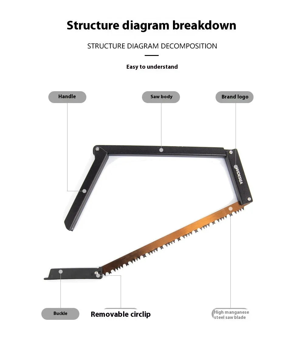 Black outdoor foldable saw with aluminium handle shown in open and closed positions.