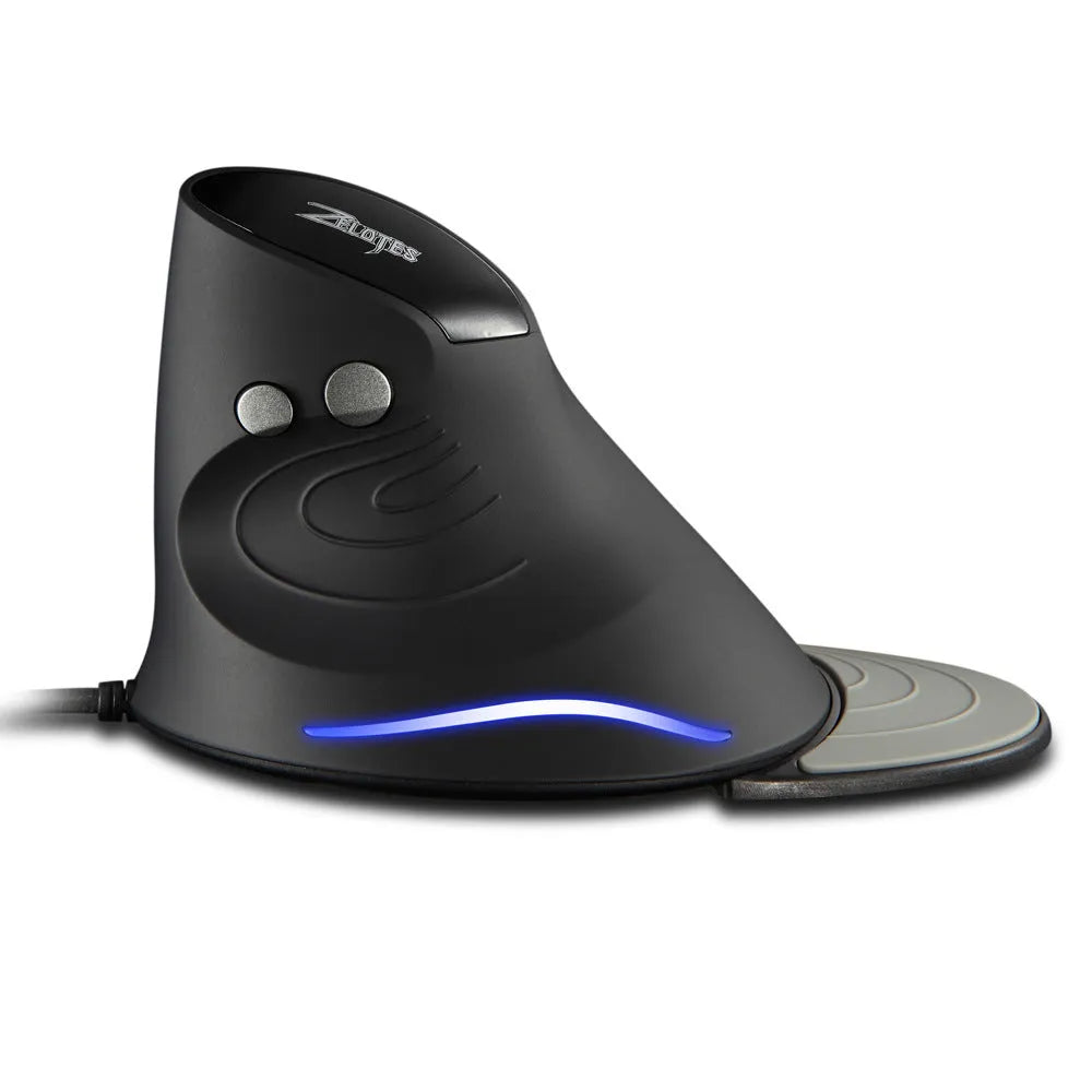 Black wired vertical ergonomic mouse with snail-type shape and 1.8-metre USB cable on a desk