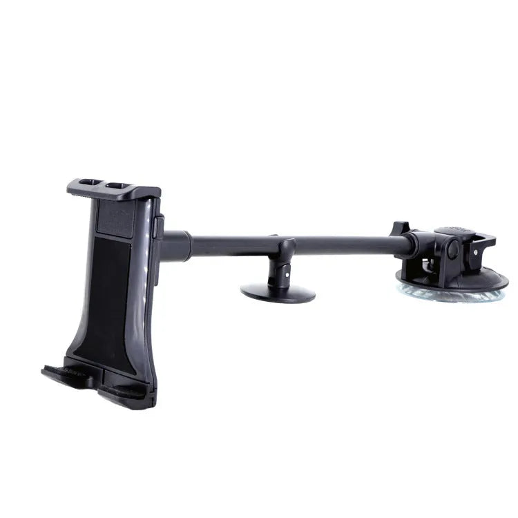 Black universal car tablet holder with long-rod suction cup for 4-12 inch devices.