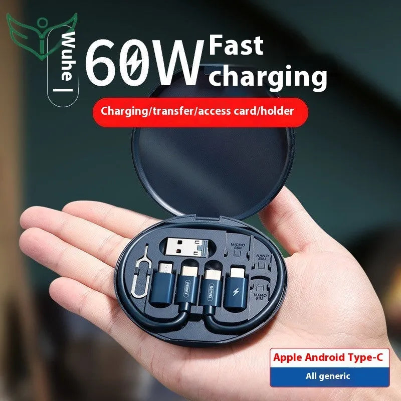 Four-in-one 60W fast charging cable with phone bracket, 0.29m, navy blue and white plastic design