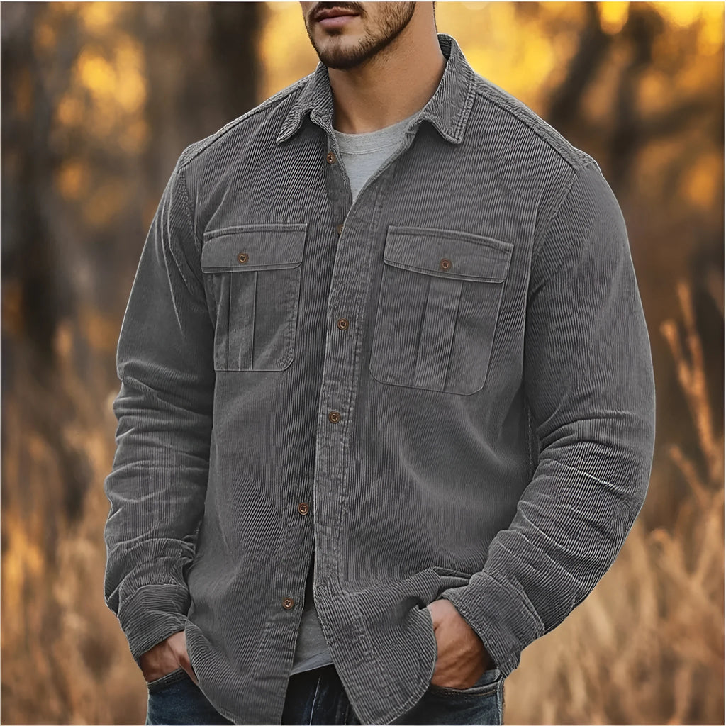 Men's loose-fit corduroy shirt in retro Japanese style with sanded velvet texture.