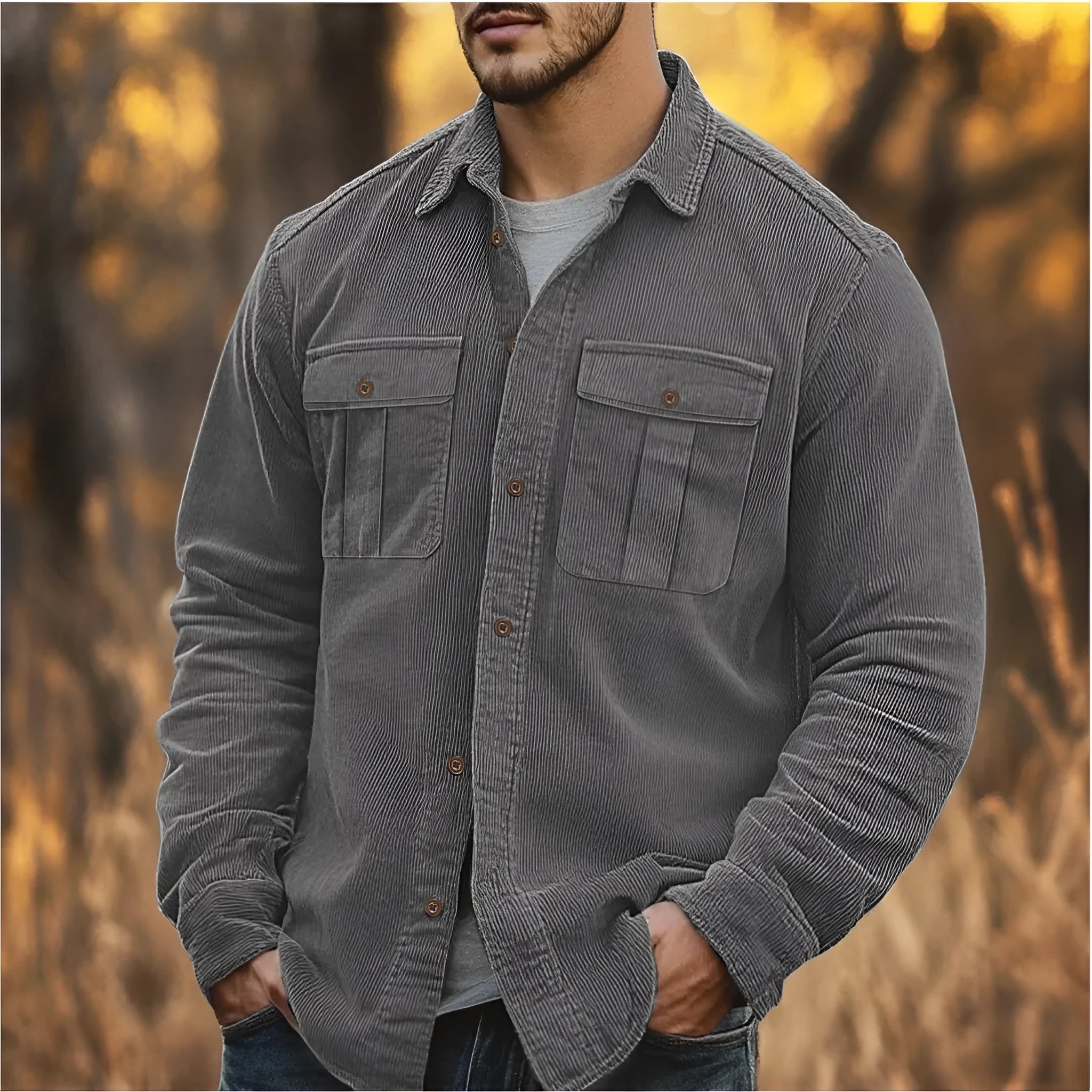 Men's loose-fit corduroy shirt in retro Japanese style with sanded velvet texture.