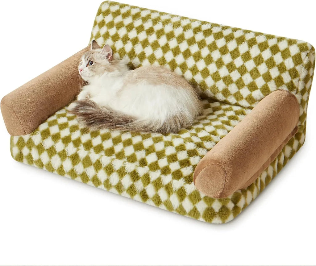 Checkered grey and white pet couch bed for a small dog or cat, showing removable cover and non-slip bottom.