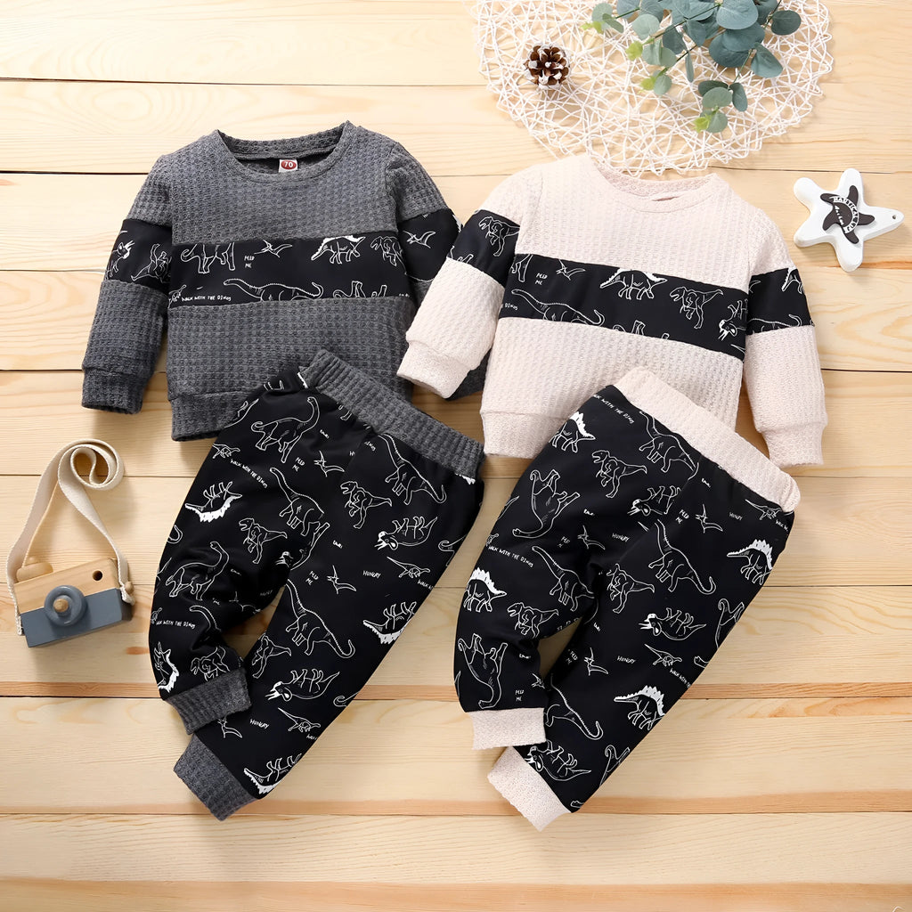 Children's cotton knitted stitching sports suit with cartoon dinosaur pattern in grey colour, pullover style pants set