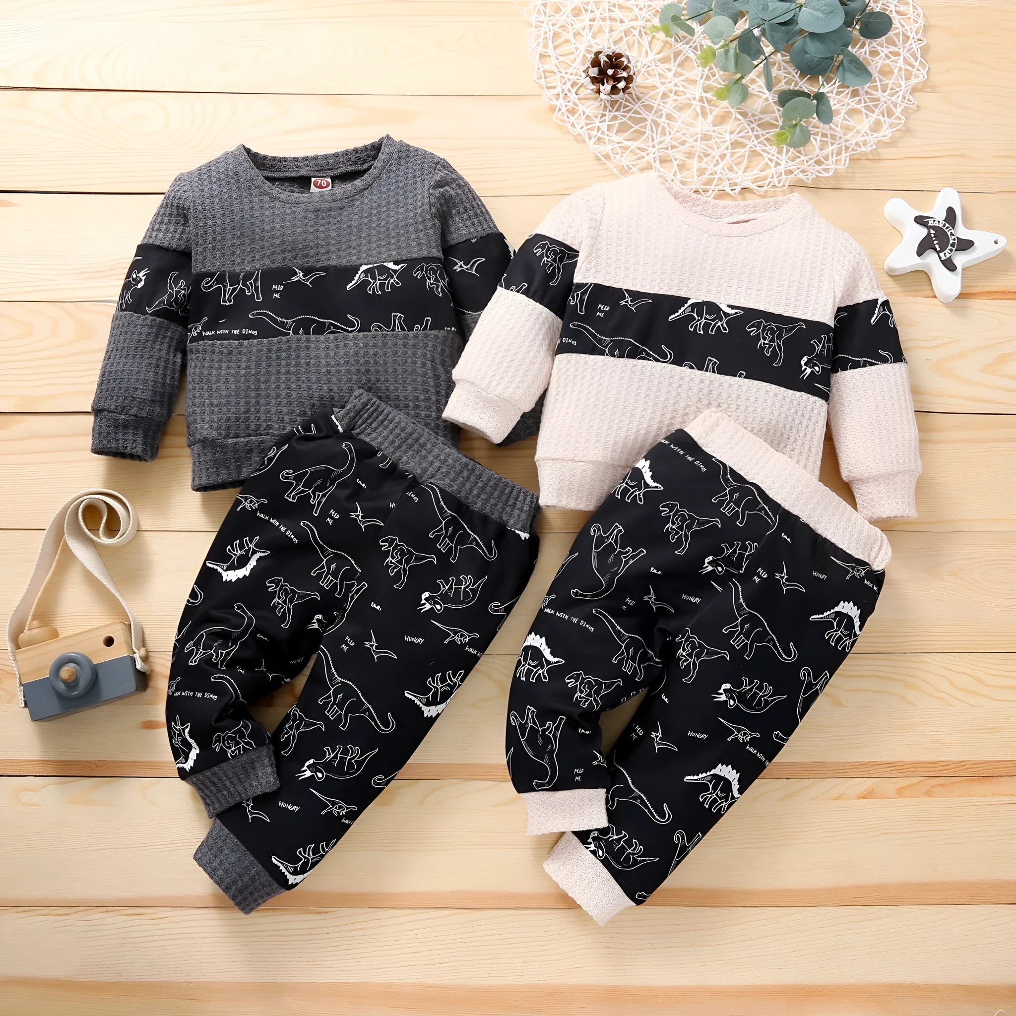 Children's cotton knitted stitching sports suit with cartoon dinosaur pattern in grey colour, pullover style pants set