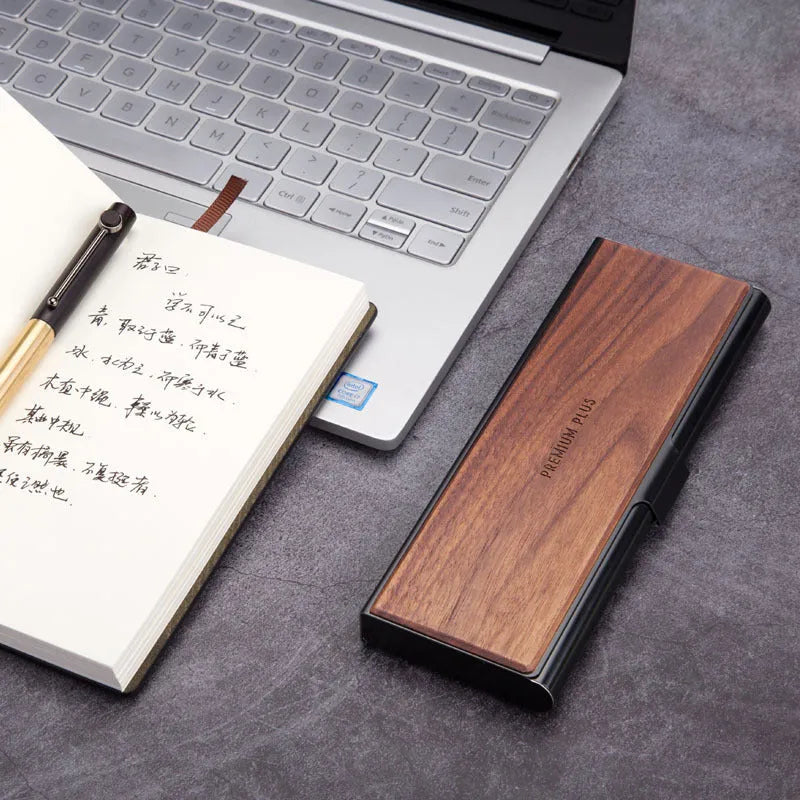 Pen box creative stationery storage aluminium alloy black walnut Japanese retro 189x69x19mm desktop pencil case