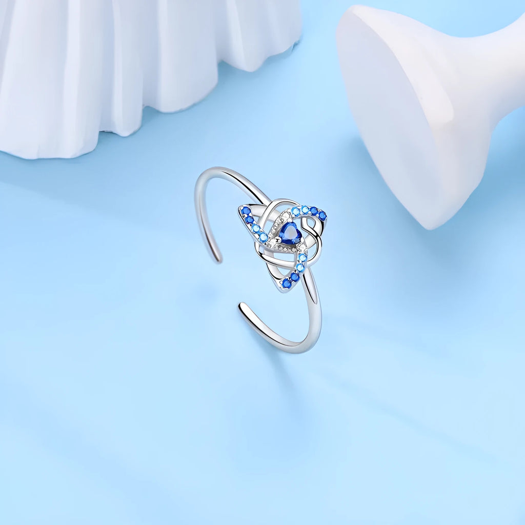 925 sterling silver heart dreamcatcher ring in KSR080 blue on white background