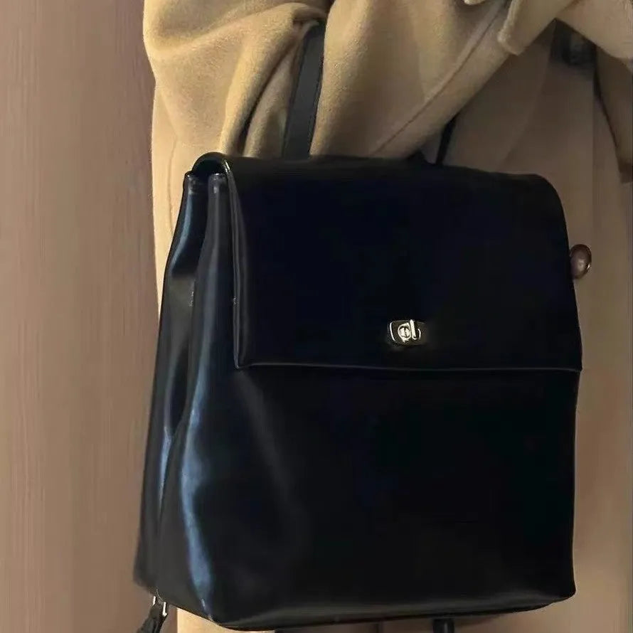 Korean style retro oil wax leather backpack in black, PU leather, 31x30x15cm, street trend everyday bag