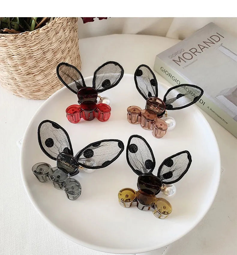 Polka dot lace rabbit ears hair clip with pearl hairpin in four colours: coffee, grey, red, yellow