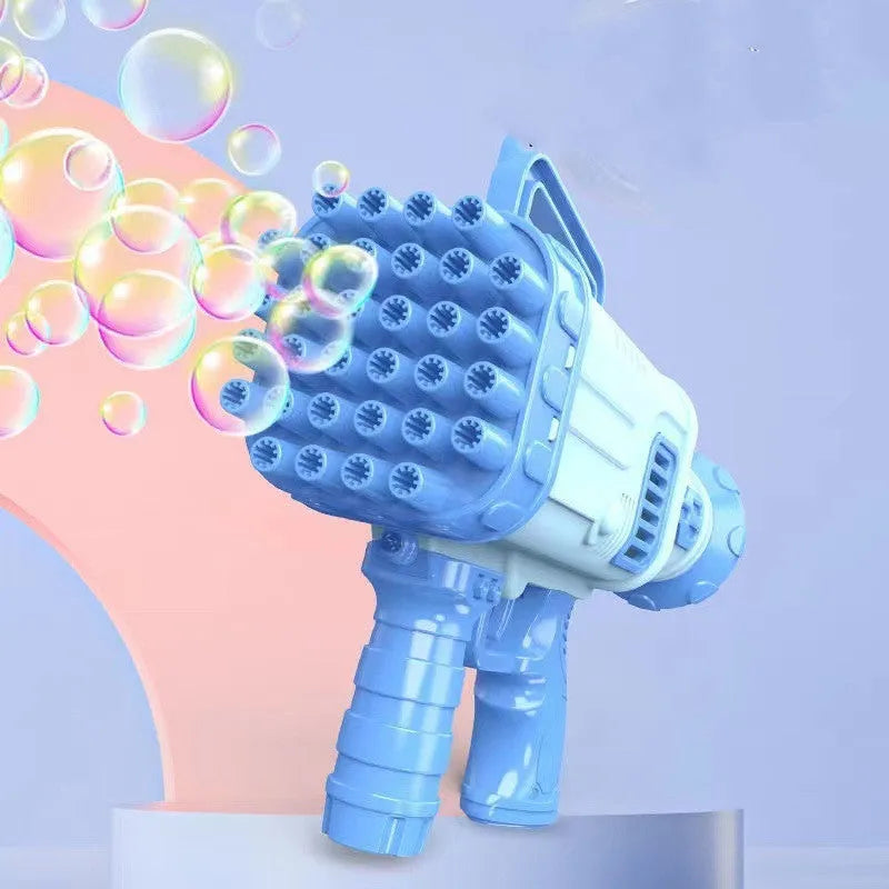32-hole electric bazooka-style bubble gun toy in cherry pink colour with colourful lights illuminated.