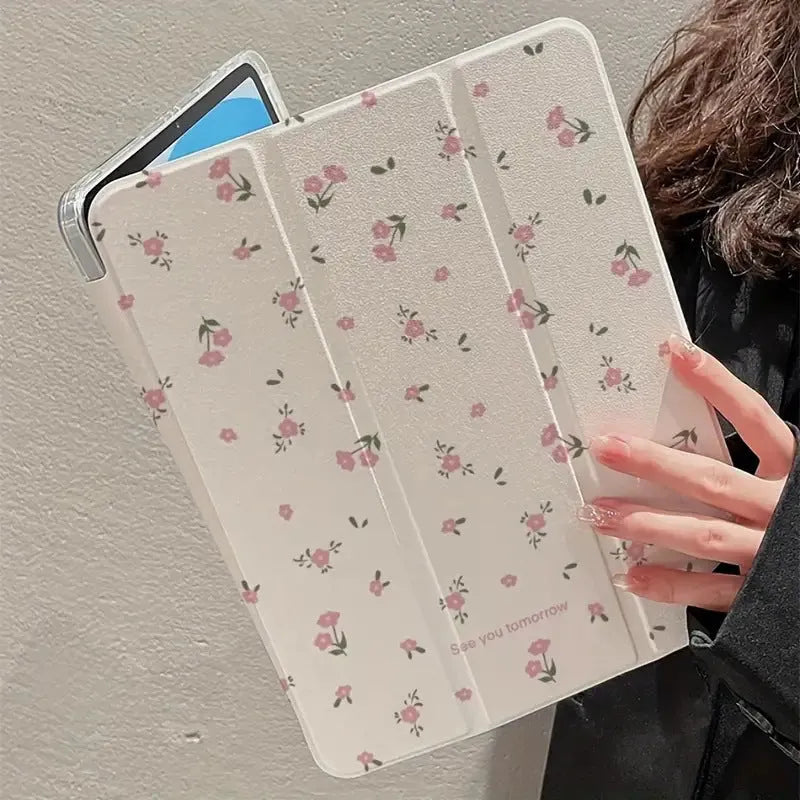Transparent floral tri-fold protective case for Apple iPad tablet showing clear front and built-in stand