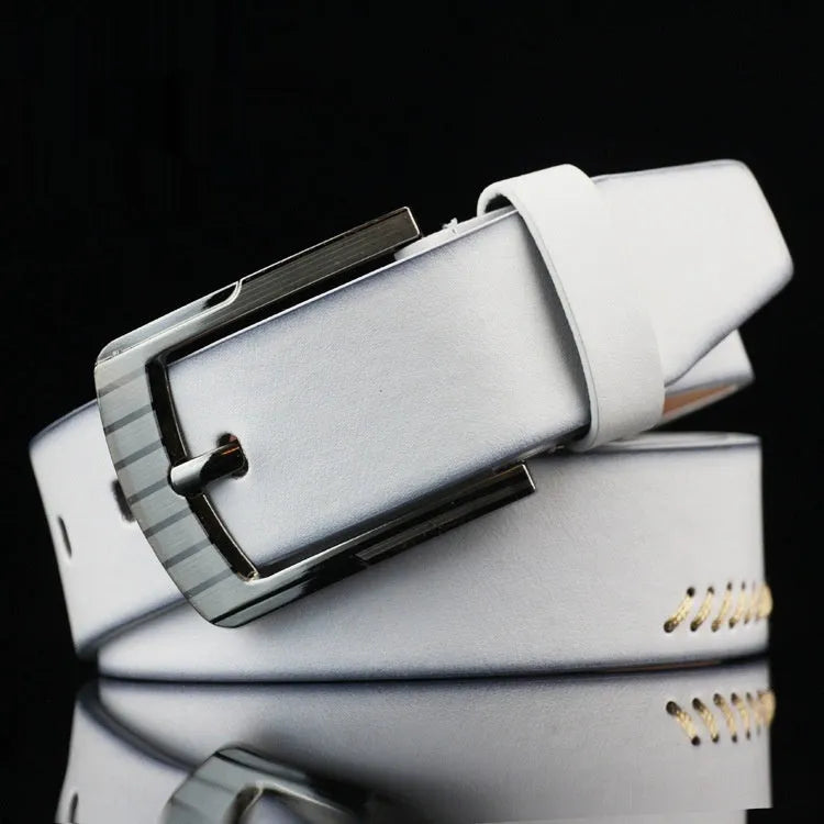 Men's imitation leather belt with alloy pin buckle in black colour showing pattern details