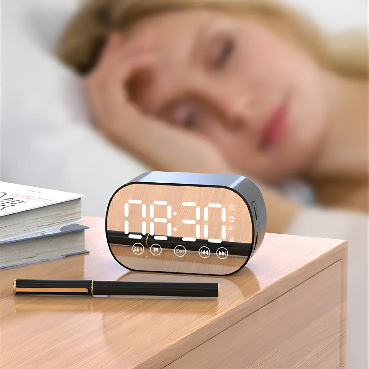 Multifunctional wireless Bluetooth speaker mirror mini alarm clock with FM radio and TF card playback, 84 x 37 x 50mm