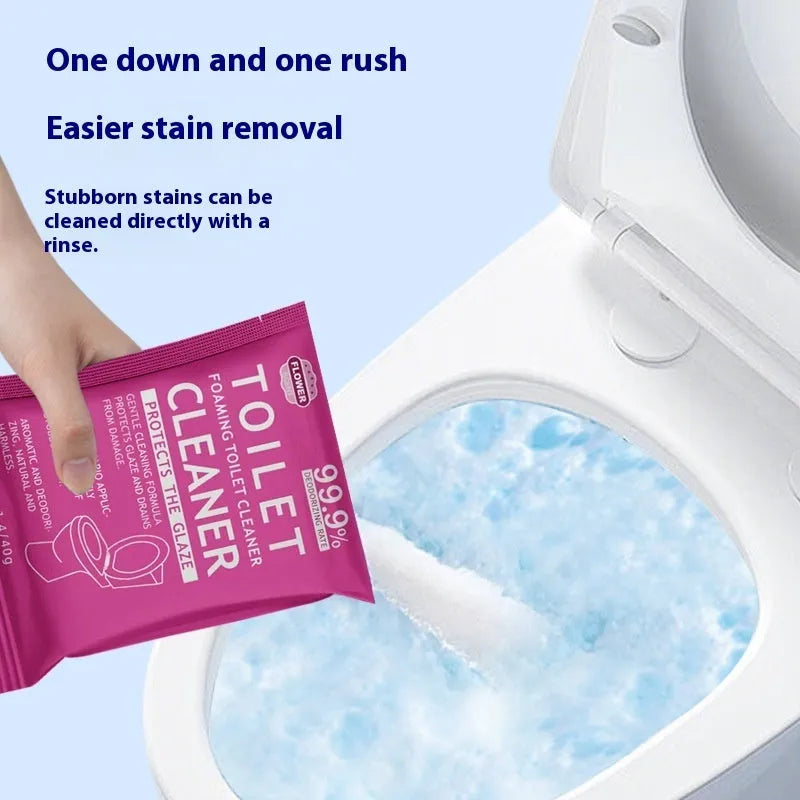 Toilet bubble effervescent cleaning powder in blue or pink fragrance, showing 240g bag and box of 40g sachets.
